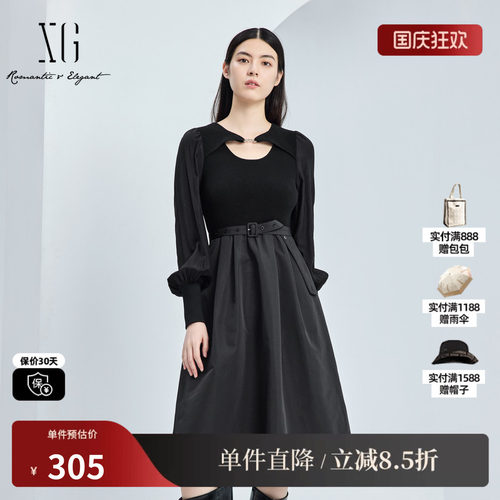 XG/雪歌XJ311038A590黑色长袖连衣裙时尚秋季新款中长款A字裙女装