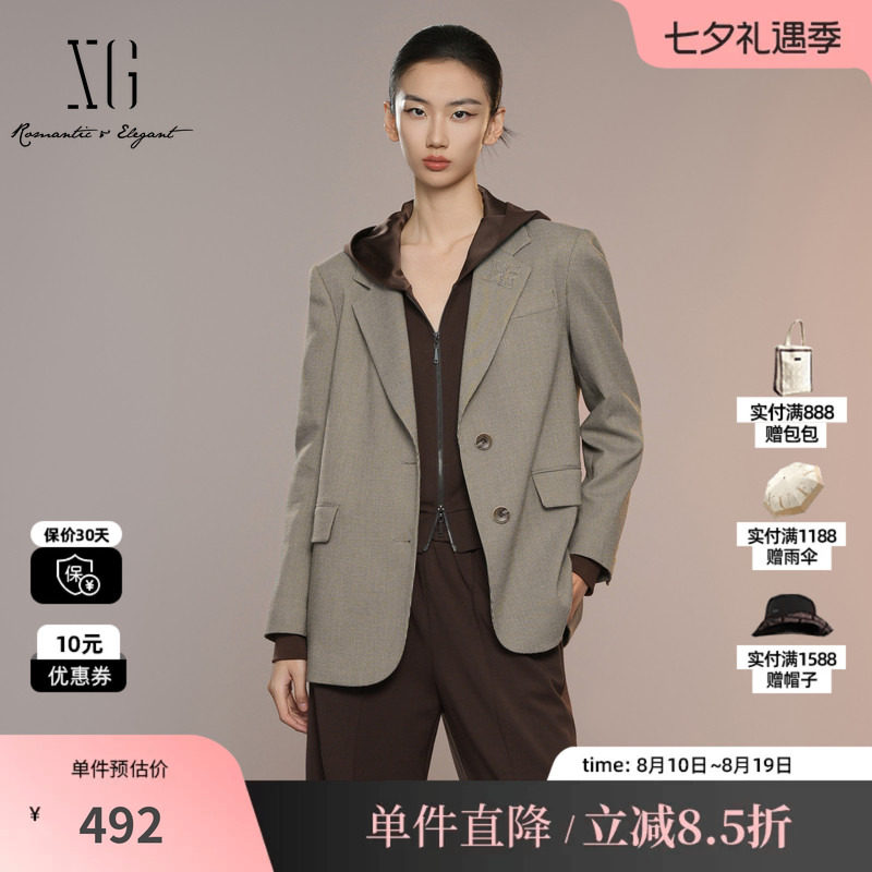 XG雪歌XK307024B595格纹休闲西装2025秋季新款翻领长袖西装外套女