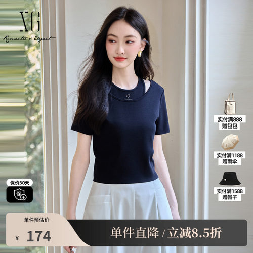 XG/雪歌XK211575A890假两件毛针织衫时尚夏季新款薄款短袖上衣女