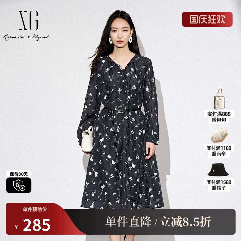 XG雪歌XL304830A806满版印花长袖连衣裙2025秋季新款碎花中长裙女