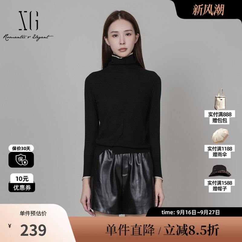 XG/雪歌XK411074A990 高领黑色毛针织衫撞色拼接羊毛混纺毛衫女装