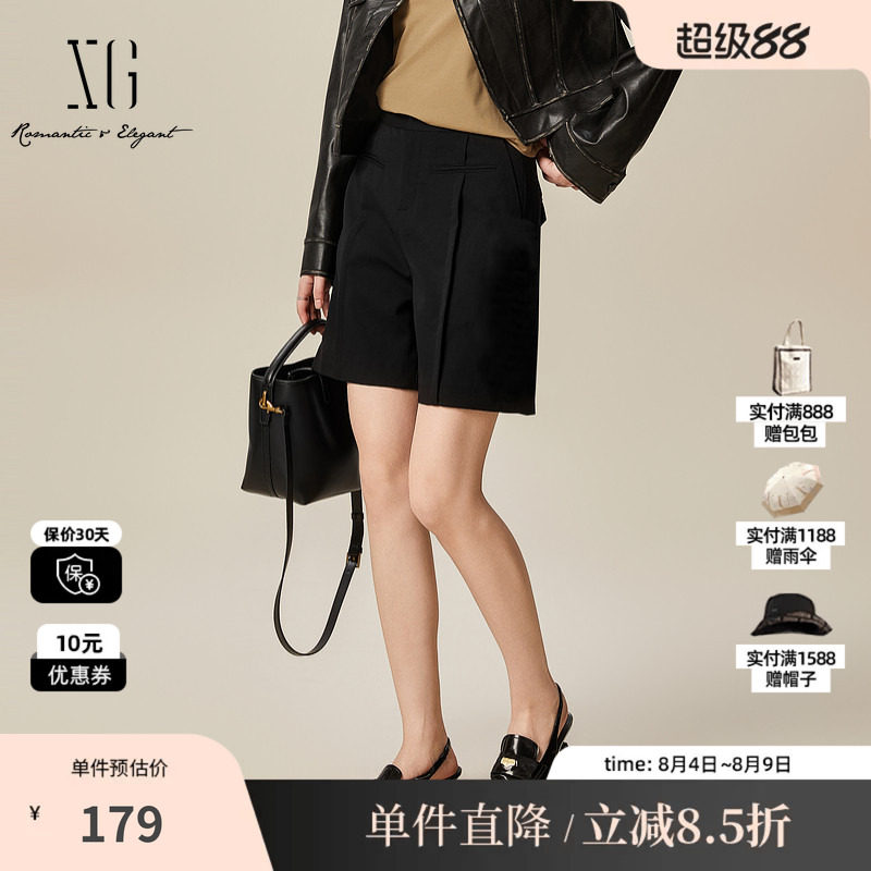 XG/雪歌XL102003A390五分休闲中裤2025秋季新款黑色直筒短裤女装