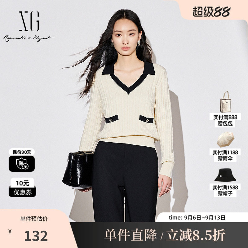 XG/雪歌XJ311026A391 米白小香风翻领设计长袖毛针织衫套头毛衫女