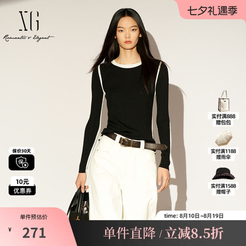XG/雪歌XL111030A290莱赛尔撞色针织衫套头圆领醋纤修身打底衣女