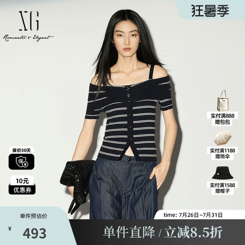 XG/雪歌XL211027B399 条纹棉感短袖一字肩针织衫肩带修身海军风女