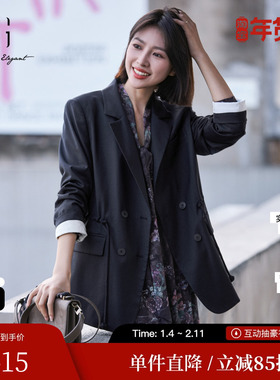 XG雪歌XK107009A390黑色长袖休闲西装2025春季新款抽绳收腰外套女