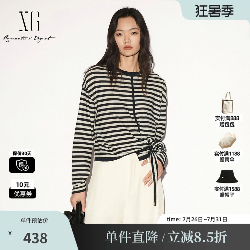 XG/雪歌 XL311022B299黑白条纹棉感圆领绑带长袖针织衫落肩休闲女