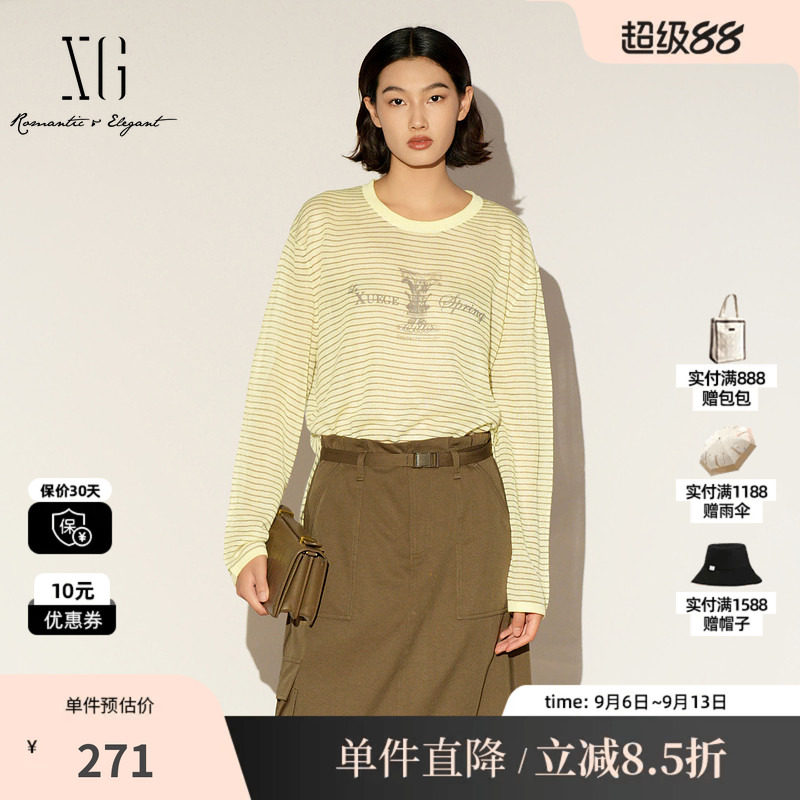 XG/雪歌XL111002B499 条纹圆领长袖针织衫黄色印花薄款收腰打底女