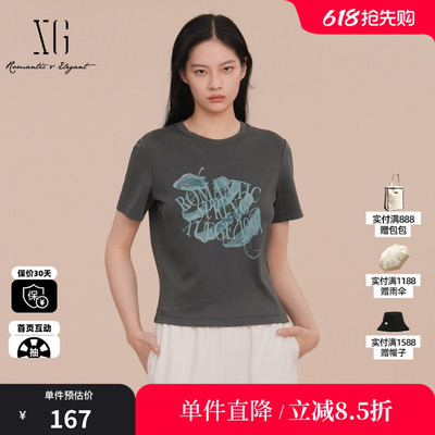 XG/雪歌XK101003A572圆领短袖T恤莱赛尔正肩套头休闲印花上衣女装