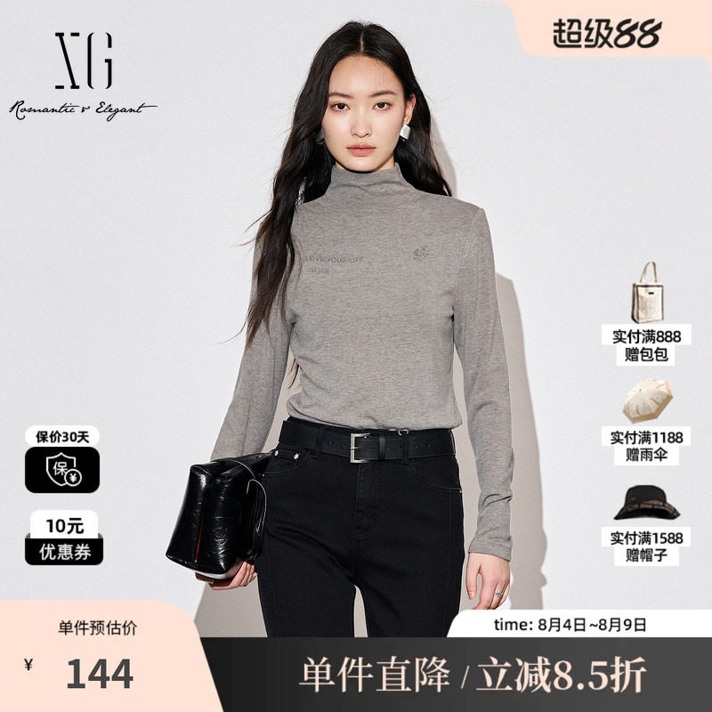 XG/雪歌XL301591A884灰色高领长袖T恤2025秋季新款字母点缀上衣女
