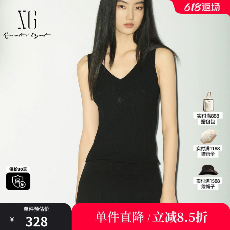 XG/雪歌XL211014A290黑色V领无袖背心吊带修身印花宽肩带内搭女装