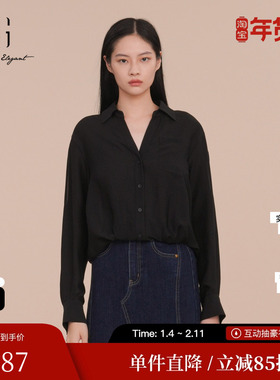 XG雪歌XK121023A490黑色抽褶长袖衬衫2025春季新款翻领休闲上衣女