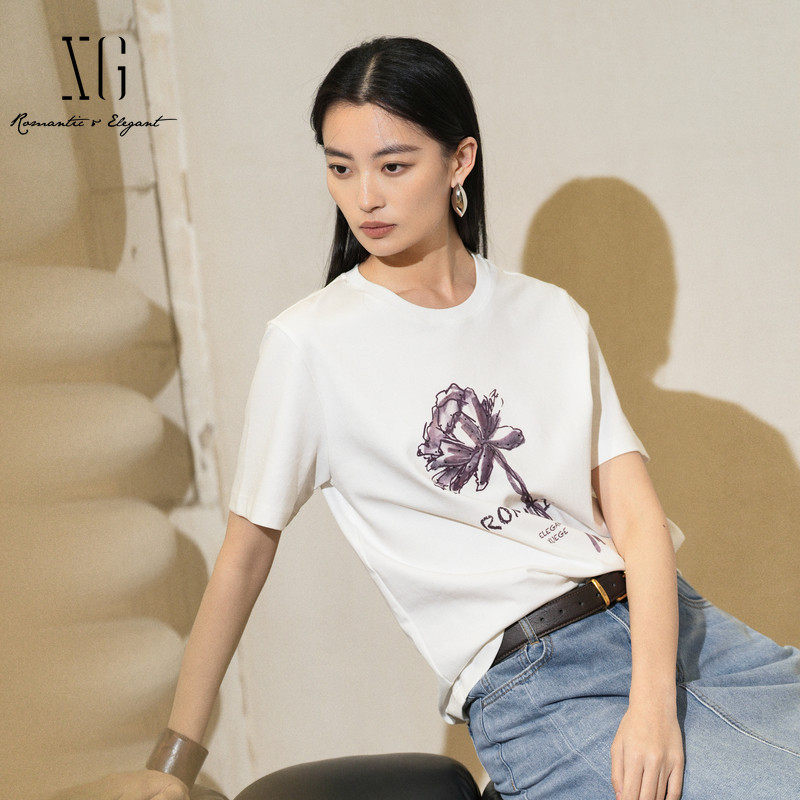 XG/雪歌XL201525A851白色印花短袖T恤2025夏季新款薄款纯棉上衣女