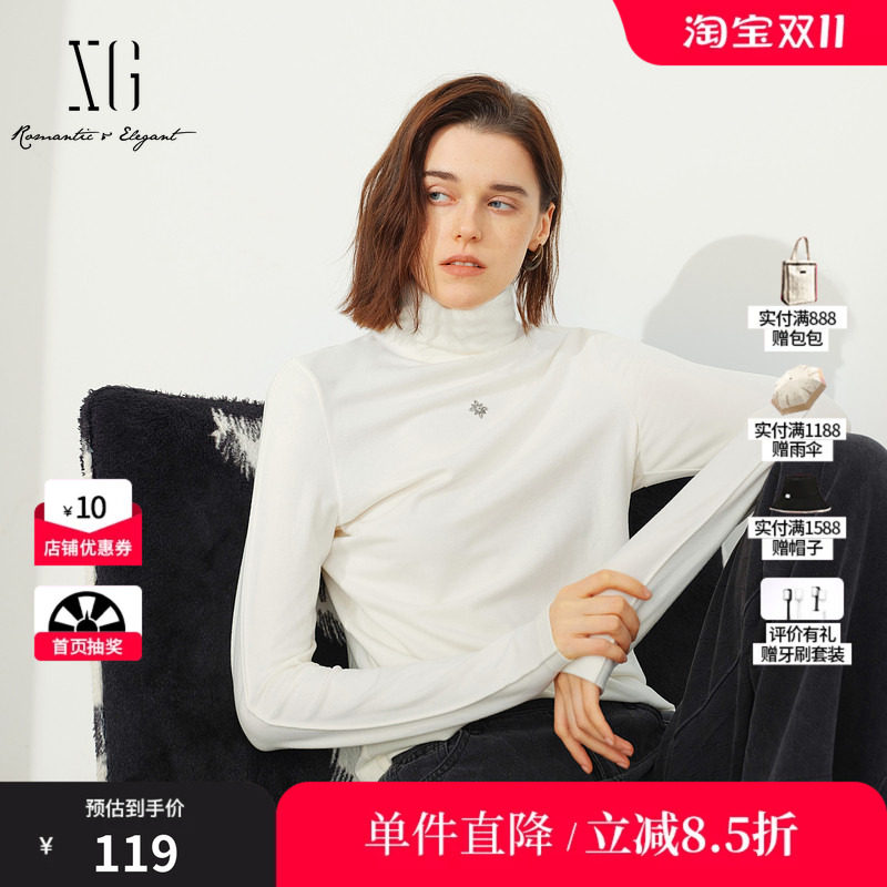 XG/雪歌XL401660A891白色高领长袖T恤套头修身厚款打底内搭上衣女