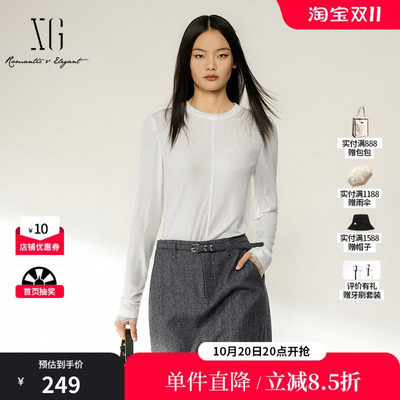 XG/雪歌XL401005A151白色莱赛尔蕾丝拼接长袖T恤休闲通勤内搭女装