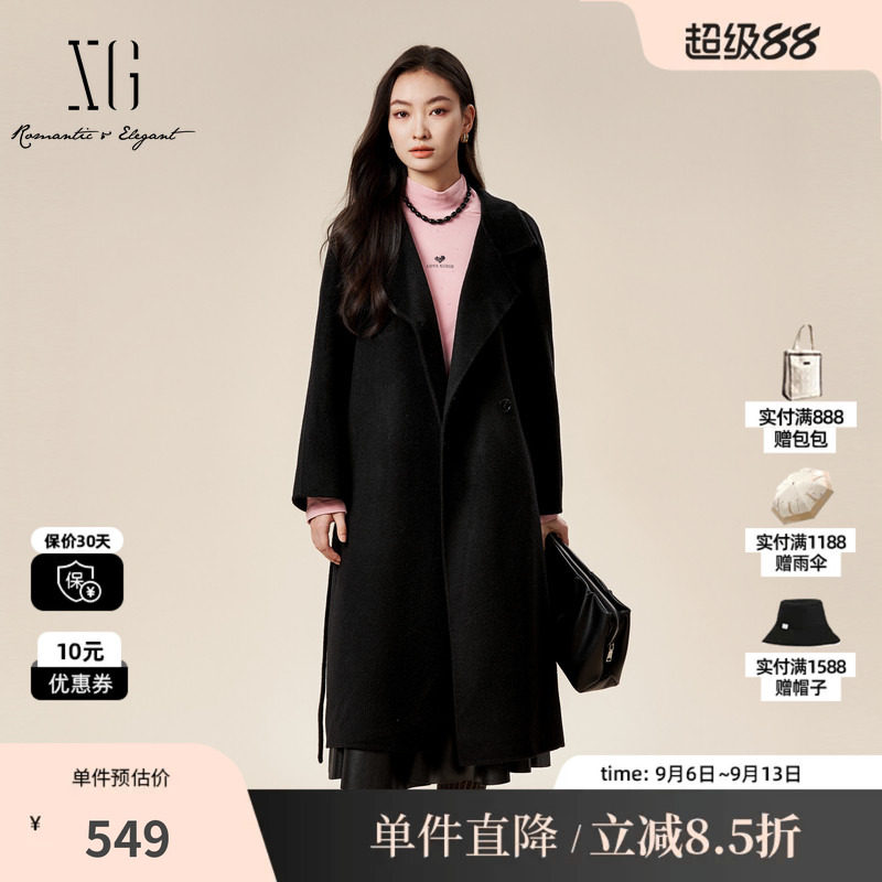 XG雪歌XK410821A890黑色长袖毛呢外套时尚冬季新款纯绵羊毛大衣女