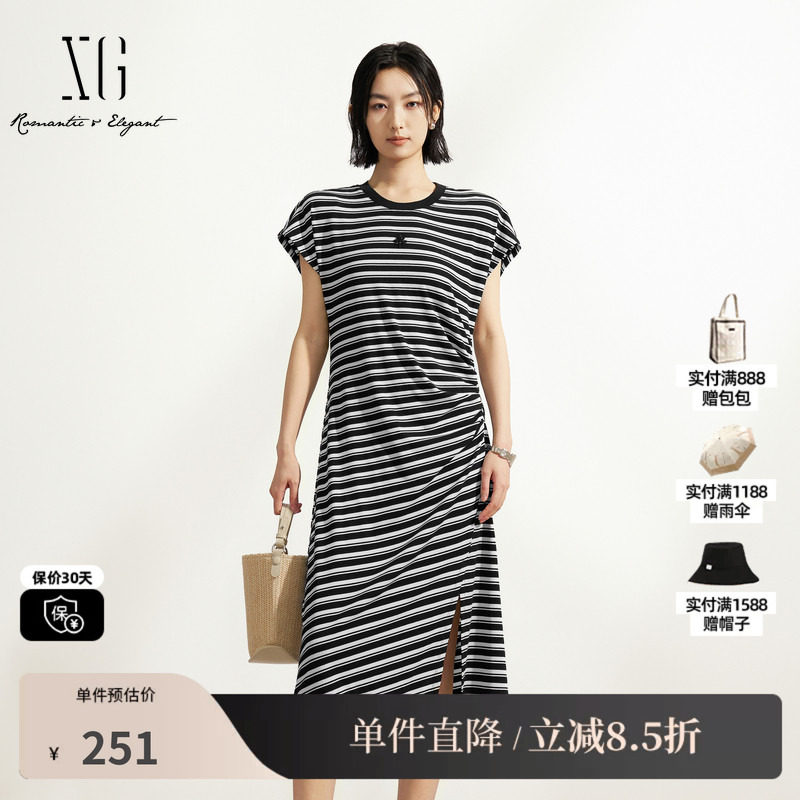 XG/雪歌XM204532B899黑白条纹短袖T恤连衣裙收腰不规则中长裙女装