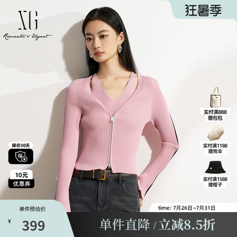 XG/雪歌XK111503A816 黑粉色假两件针织衫修身显瘦套头长袖毛衣女