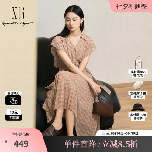 XG雪歌XK204019B797短袖衬衫连衣裙2025夏季新款满版印花百褶裙女