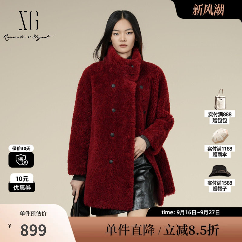 XG/雪歌 XK407002A713红色100%绵羊毛立领皮草毛呢外套一手长女装