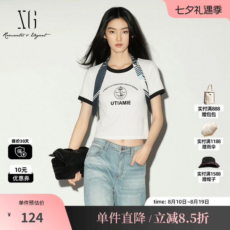 XG/雪歌XK201549A851白色棉感短袖T恤宽松直筒短款休闲薄内搭女装