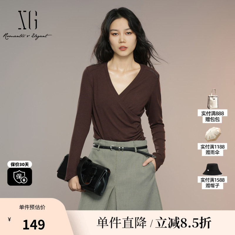 XG雪歌XK301007A572深咖色长袖T恤2025秋季新款V领设计薄款上衣女