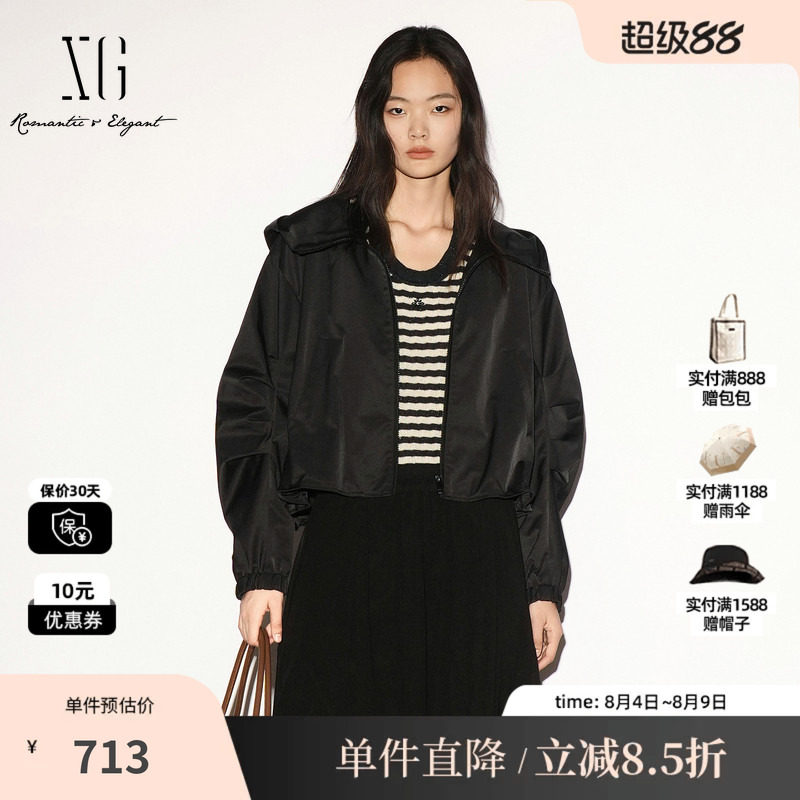 XG/雪歌 XL307005A290黑色连帽长袖短外套冲锋衣休闲运动上衣女装