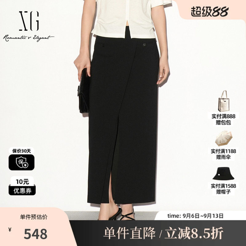 XG/雪歌 XL303004A290黑色直筒开叉通勤半身裙休闲简约西装长裙女