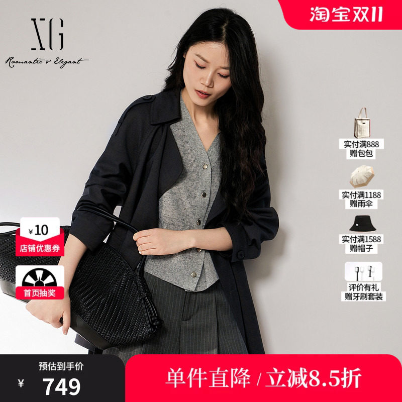 XG/雪歌 XL308009A583深灰色翻领一手长双排扣风衣外套简约高级女