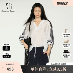 XG/雪歌XL221039B351白色莱赛尔V领中袖衬衫镂空绑带印花上衣女装