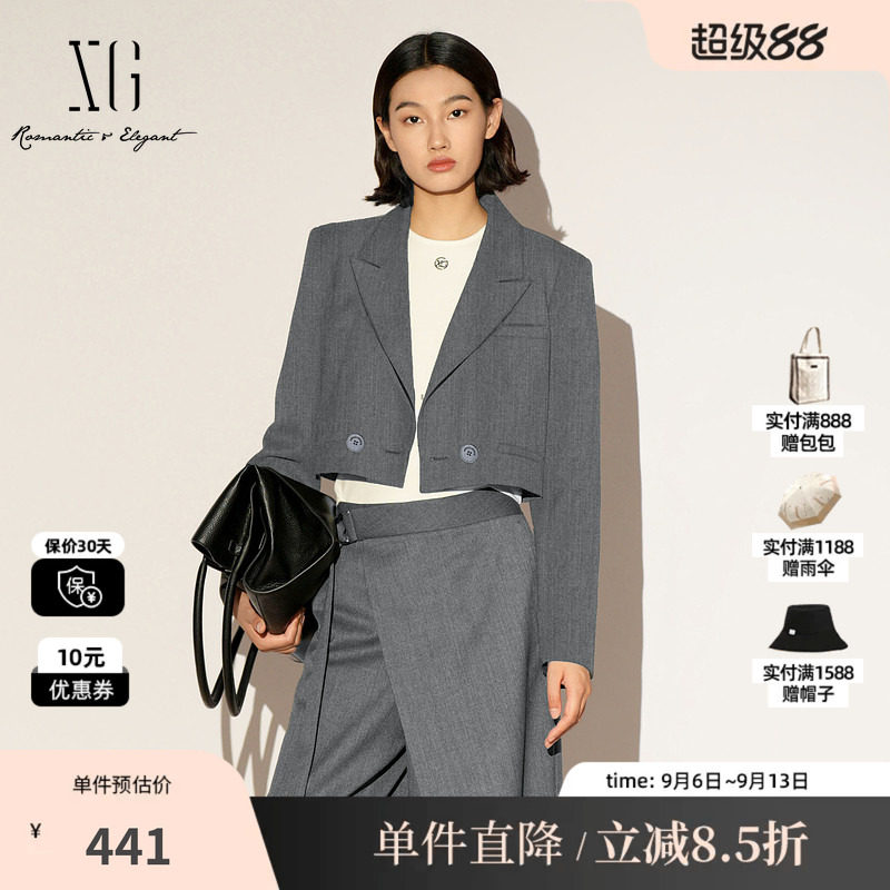 XG/雪歌XL107009A383 羊毛混纺短西装双排正肩显瘦垫肩长袖外套女