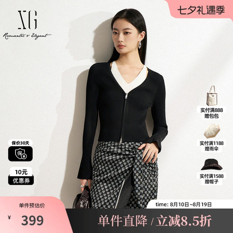 XG/雪歌XK111502A890 黑白色假两件针织衫修身显瘦套头长袖毛衣女