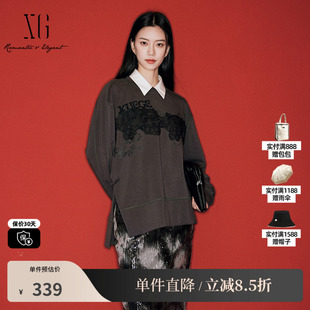 XG雪歌XL101002A182蕾丝拼接套头卫衣2026春季新款亮片长袖上衣女