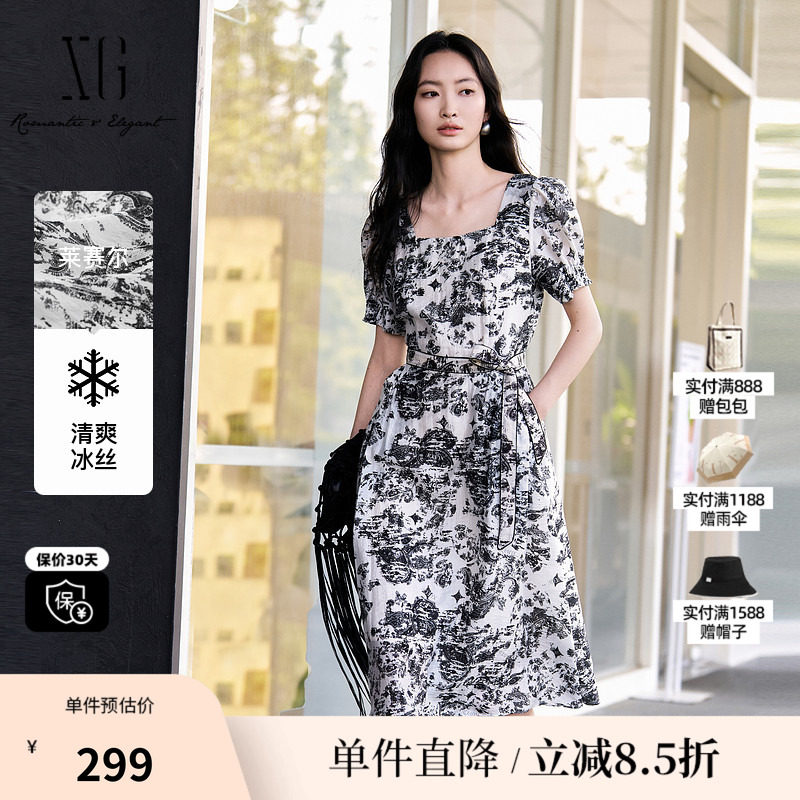 XG/雪歌XL204866B806 黑白花版莱赛尔短袖连衣裙方领高腰配腰带女