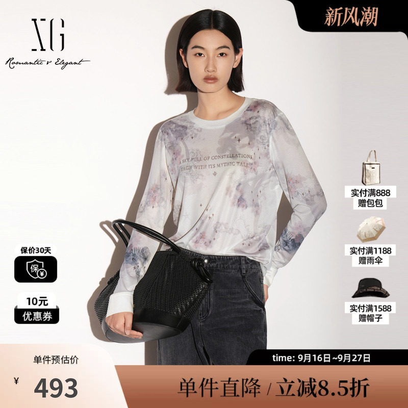 XG/雪歌XL301010B193花版醋纤圆领长袖T恤印花直筒休闲薄上衣女装