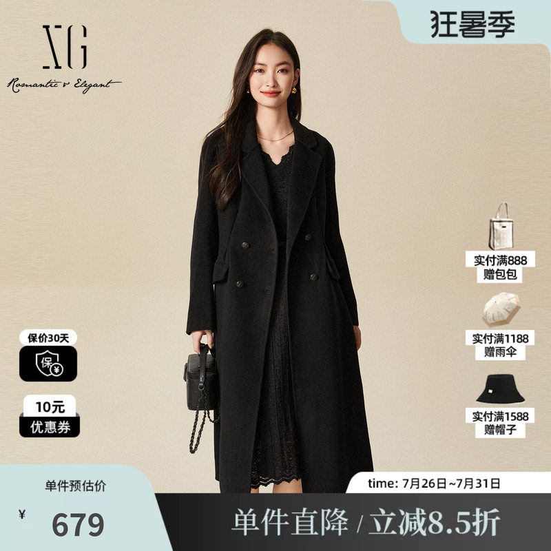 XG/雪歌XJ410053A290 黑中长款毛呢外套收腰翻领羊毛混纺大衣女装