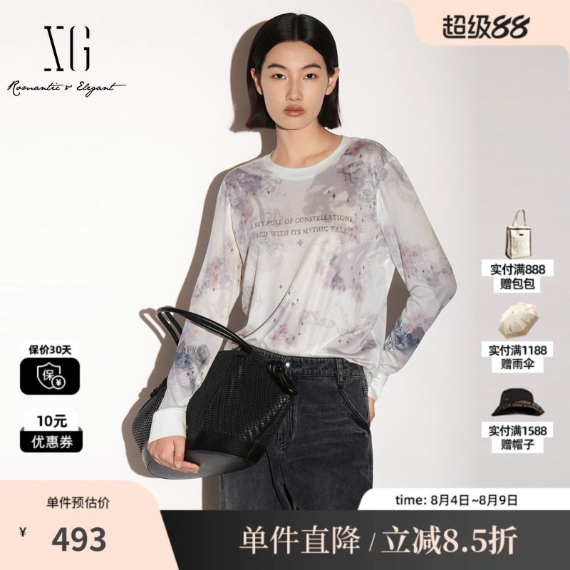 XG/雪歌XL301010B193花版醋纤圆领长袖T恤印花直筒休闲薄上衣女装