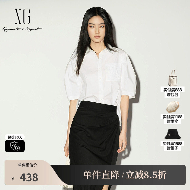 XG/雪歌 XL221036A251白色短袖polo领衬衫直筒泡泡袖刺绣上衣女装