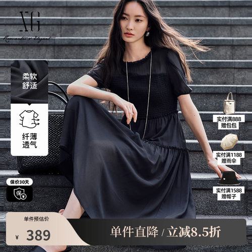 XG/雪歌XL204577A890灰色泡泡袖短袖连衣裙高腰微透薄款A字长裙女