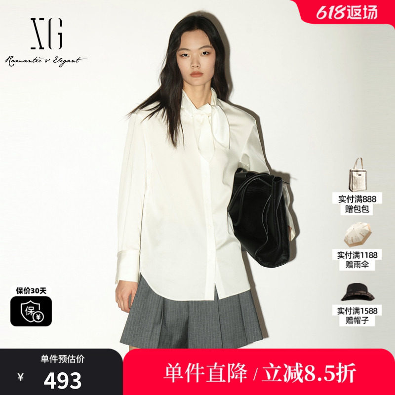 XG/雪歌 XL321005A251白色莱赛尔兔耳绑带长袖衬衫翻领直筒简约女