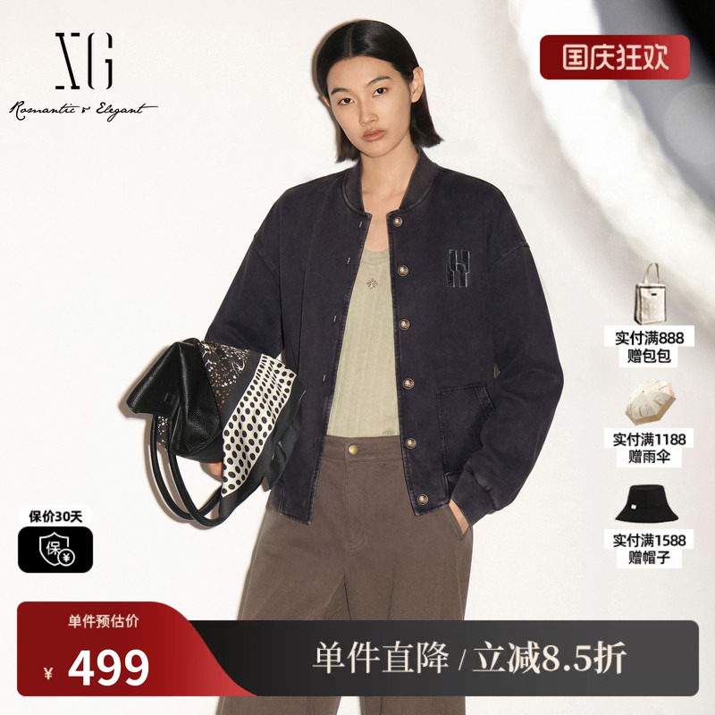 XG/雪歌 XK307685A883深灰色纯棉做旧棒球领长袖外套宽松休闲女装
