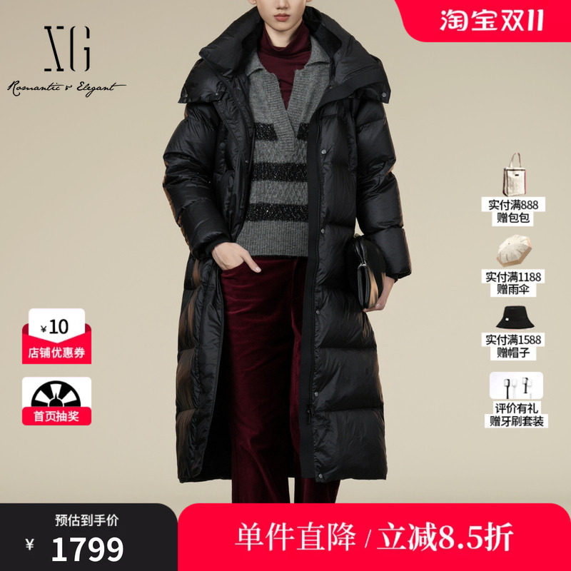 XG/雪歌 XL406054A990黑色连帽直筒长款鹅绒羽绒服保暖休闲外套女