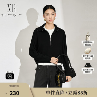 XG/雪歌XL311589A890 黑拉链翻领长袖毛针织衫短款直筒宽松毛衫女