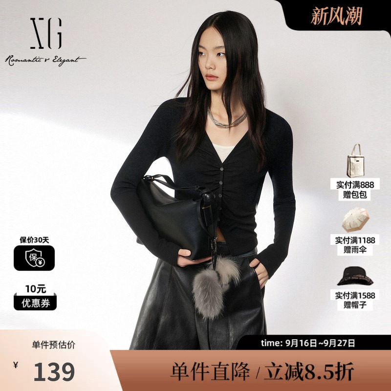 XG/雪歌XK401804A890黑色羊毛混纺假两件长袖T恤捏褶直筒休闲女装