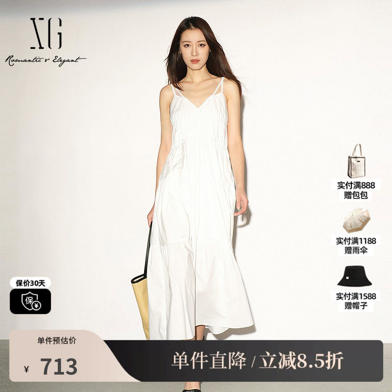 XG/雪歌XL204043A951白色纯棉吊带连衣裙高腰薄款气质A字长裙女装
