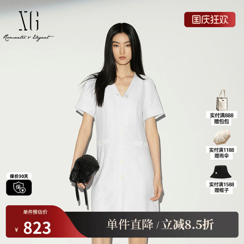 XG/雪歌XL204024A251白色V领飘带短袖连衣裙收腰简约直筒中裙女装