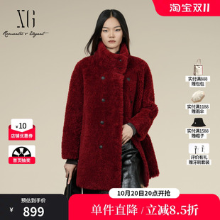 XG/雪歌 XK407002A713红色绵羊毛立领皮草毛呢外套一手长女装
