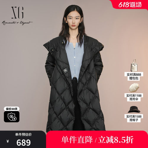 XG雪歌XK306002A690黑色中长款羽绒服2025秋季新款连帽鸭绒外套女