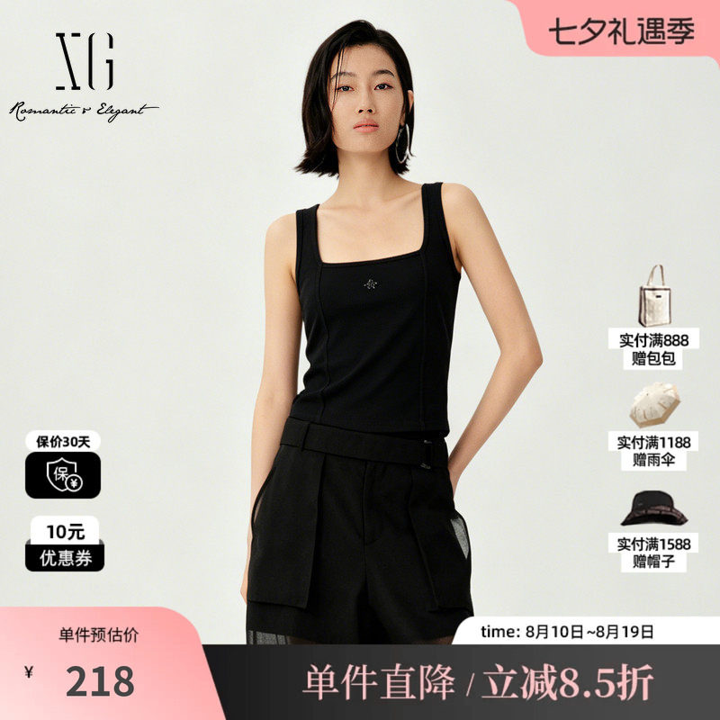 XG/雪歌XL222005A190黑色莱赛尔无袖背心收腰鱼骨U领搭配吊带女装