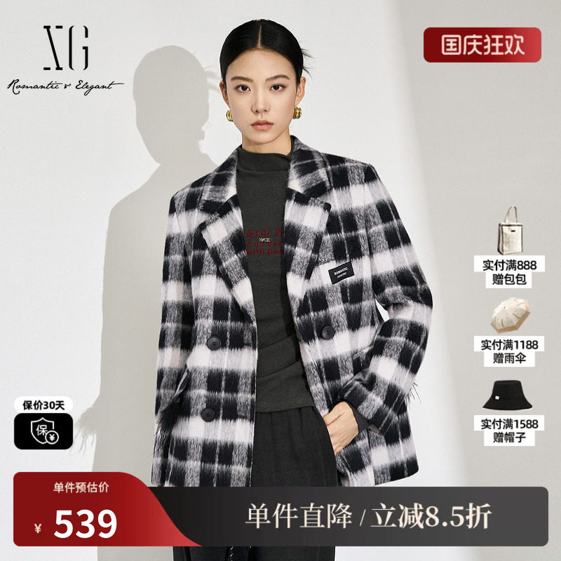 XG/雪歌XJ410054B495 复古黑白色格纹毛呢外套中长羊毛混纺大衣女